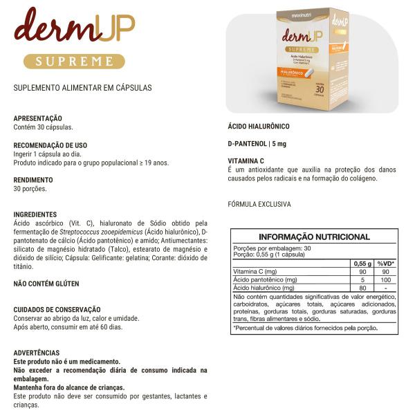 Kit 3 DermUp Supreme Acido Hialurônico D-Pantenol 30 Caps Maxinutri Imagem de Kit 3 DermUp Supreme Acido Hialurônico D-Pantenol 30 Caps Maxinutri