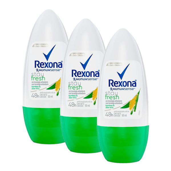 Imagem de Kit 3 Desodorante Antitranspirante Rexona Feminino Roll On Bamboo e Aloe Vera 50ml