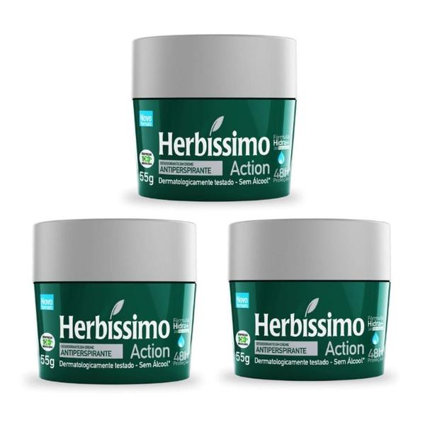 Imagem de Kit 3 desodorante creme herbissimo action antitranspirante 55g