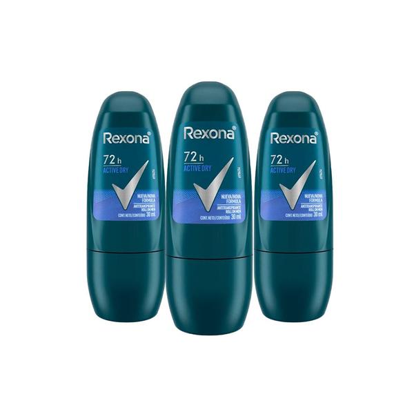 Imagem de Kit 3 Desodorante Roll On Antitranspirante Rexona Men Active Dry 72h 30ml