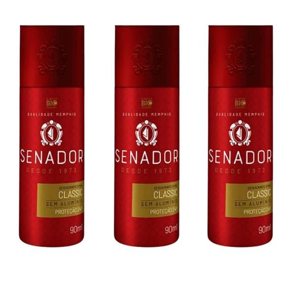 Imagem de Kit 3 Desodorante Spray Senador Classic 90ml Sem Aluminio