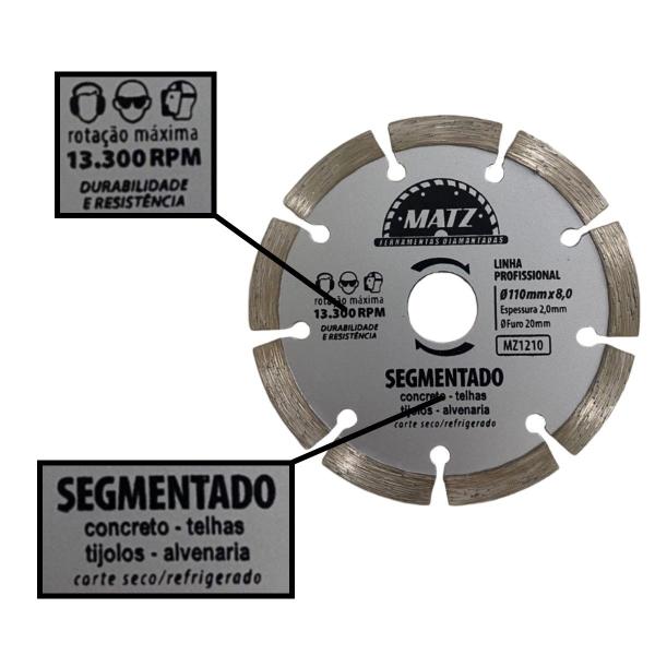 Imagem de Kit 3 Disco De Corte Diamantado Segmentado 8mm 110x20mm Matz