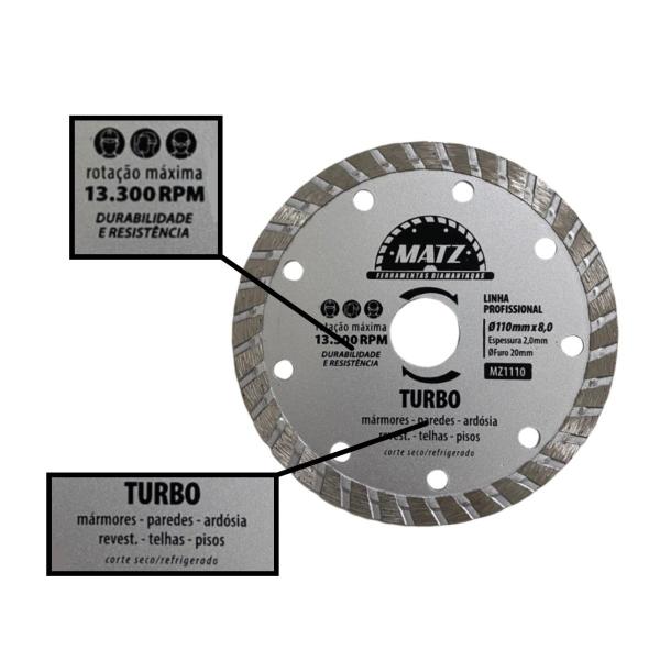 Imagem de Kit 3 Disco De Corte Diamantado Turbo 8mm 110mm x 20mm Matz