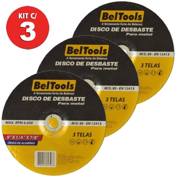 Imagem de Kit 3 Disco Desbaste 9x7/8 Corte Metal Beltools