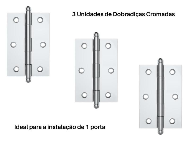 Imagem de Kit 3 Dobradiças Porta de Madeira Stam Cromadas com Parafusos