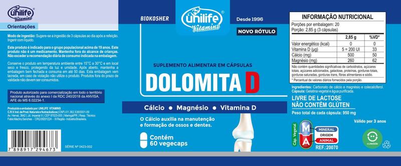 Imagem de KIT 3 DOLOMITA D Cálcio Magnésio Vit D 60 Cáps 950mg UNILIFE