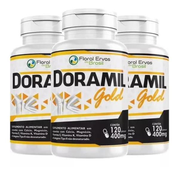 Imagem de KIT 3 Doramil Gold 120 Cápsulas cada frasco - 400mg Cálcio Magnésio + Colágeno Tipo 2 Vitaminas C K2 e D3   Floral Ervas Do Brasil 