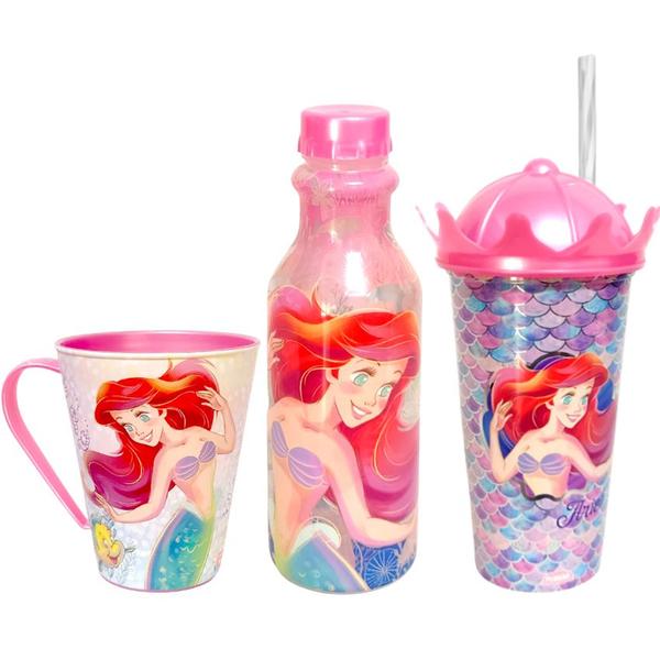 Imagem de Kit 3 em 1 Ariel Pequena Sereia Infantil Copo Garrafinha e Caneca Plautil