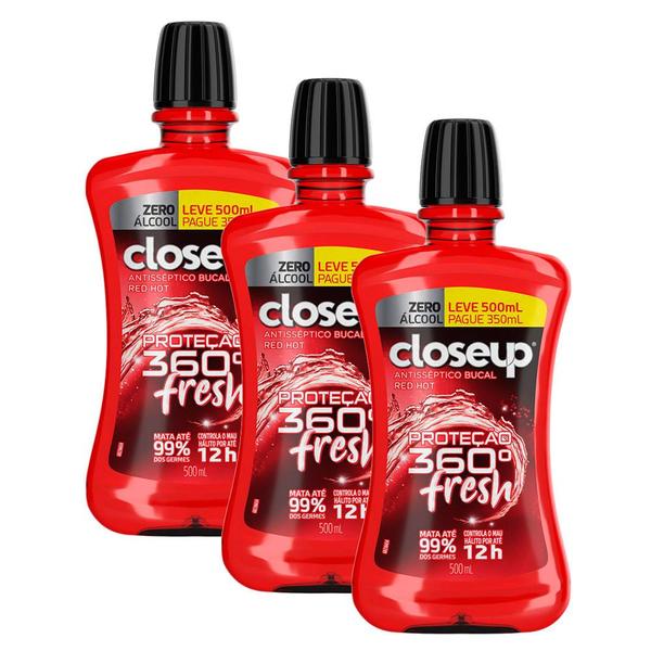 Imagem de Kit 3 Enxaguante Bucal Closeup Red Hot Proteção 360 Fresh Zero Álcool Leve 500ml Pague 350ml