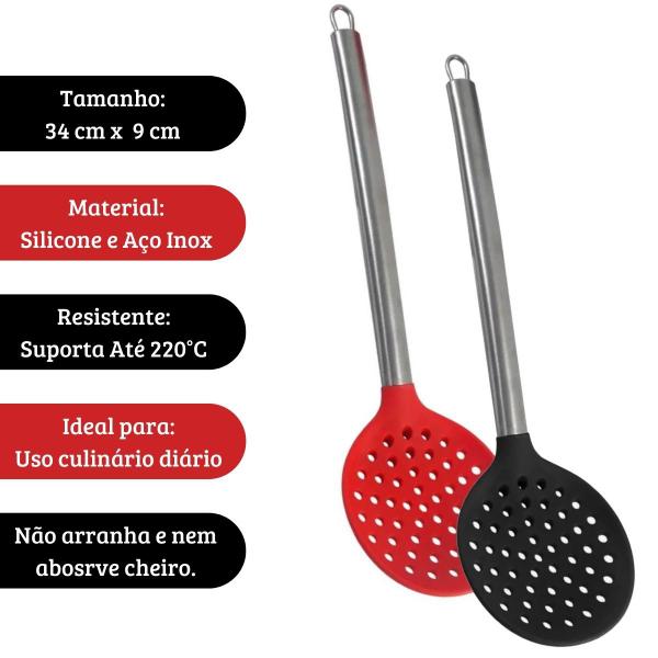 Imagem de Kit 3 Escumadeiras De Silicone Preta Cabo Em Inox 35cm Clink