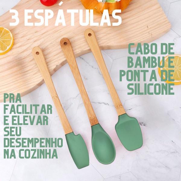 Imagem de Kit 3 Espátulas Pão Duro de Silicone Cabo Bambu Raspa Tudo