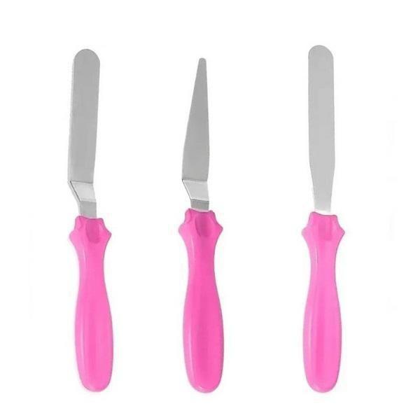 Imagem de Kit 3 Espátulas Para Confeitar Decorar Bolos Rosa Em Inox