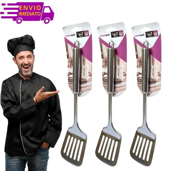 Imagem de Kit 3 Espátulas Vazada 100% Inox Para Hambúrguer Lanches Grelhados Chapa