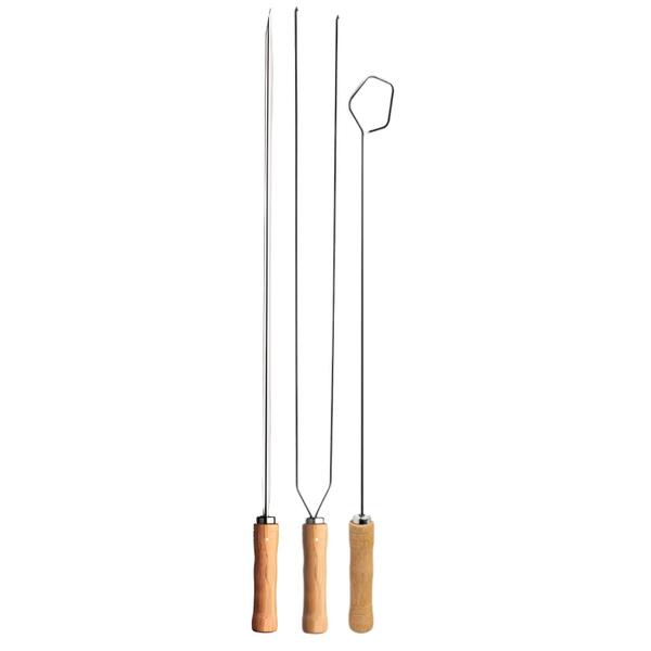 Imagem de Kit 3 Espetos Churrasco Churrasqueira 65cm Simples e Duplo Espalhador Brasa Inox Cabo Madeira