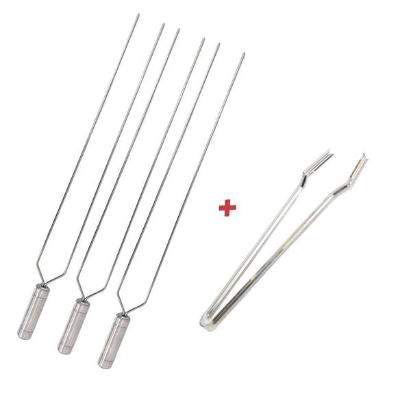 Imagem de Kit 3 Espetos Duplo 40cm E Pegador De Carnes Inox, Churrasco