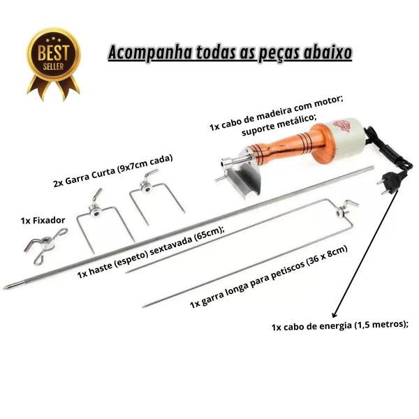 Imagem de Kit 3 Espetos Portátil Rotativo Giratório Inox Churrasco