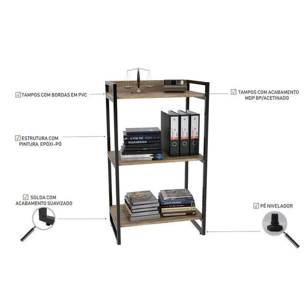 Imagem de Kit 3 Estantes Estilo Industrial 60cm 3 Prateleiras Carvalho