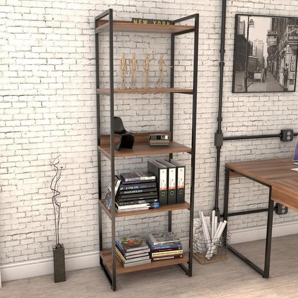 Imagem de Kit 3 Estantes Livreiro Prisma Estilo Industrial 60cm 5 Prateleiras Nogal - Mpozenato