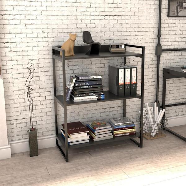 Imagem de Kit 3 Estantes Livreiro Prisma Estilo Industrial 80cm 3 Prateleiras C08 Preto Onix - Mpozenato