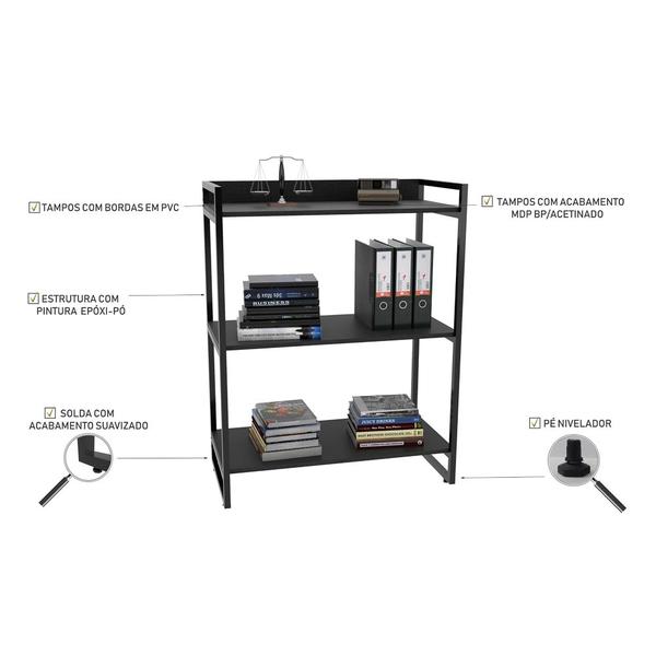 Imagem de Kit 3 Estantes Livreiro Prisma Estilo Industrial 80cm 3 Prateleiras Preto Onix - Mpozenato