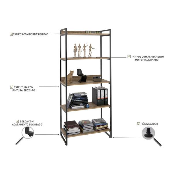 Imagem de Kit 3 Estantes Livreiro Prisma Estilo Industrial 80cm 5 Prateleiras Carvalho - Mpozenato