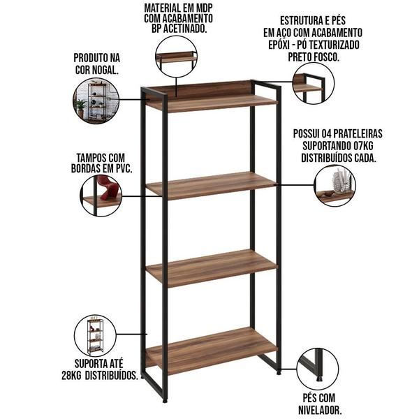 Imagem de Kit 3 Estantes Multiuso Escritório Industrial 4 Prateleiras Areta 145x60cm C01 Nogal - Lyam Decor