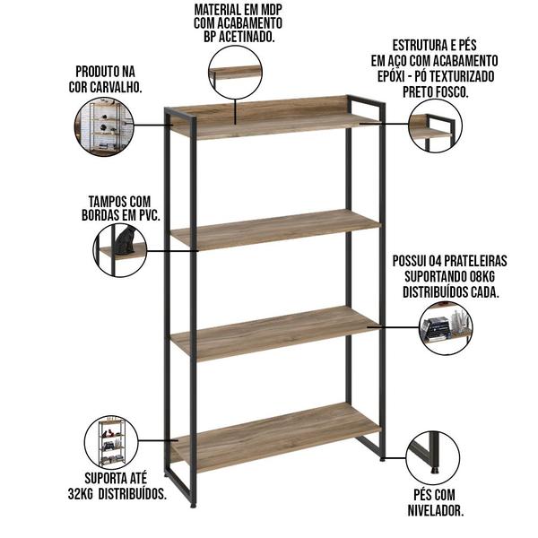 Imagem de Kit 3 Estantes Multiuso Escritório Industrial 4 Prateleiras Areta 145x80cm C01 Carvalho - Lyam Decor
