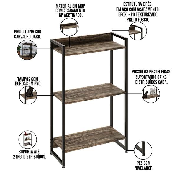 Imagem de Kit 3 Estantes Multiuso Industrial 3 Prateleiras Areta 104x60cm C01 Carvalho Dark - Lyam Decor