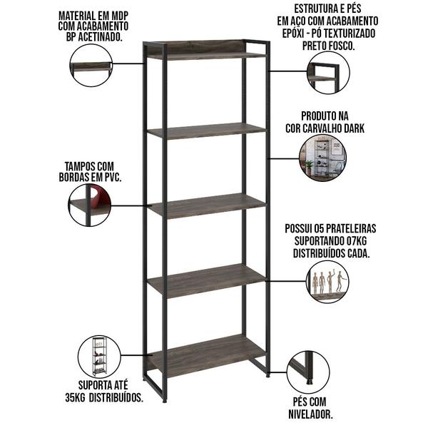 Imagem de Kit 3 Estantes Multiuso Industrial 5 Prateleiras Areta 186x60cm C01 Carvalho Dark - Lyam Decor