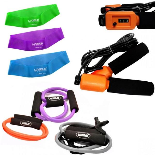 Imagem de Kit 3 Extensores Tensao Media + Corda de Pular + 3 Mini Bands  Liveup Sports 