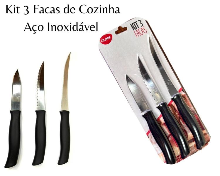 Imagem de Kit 3 Facas de Cozinha em Aço Inoxidável Ideal Para Legumes, Frutas e Vegetais Com Cabo de Polipropileno Multifuncional 