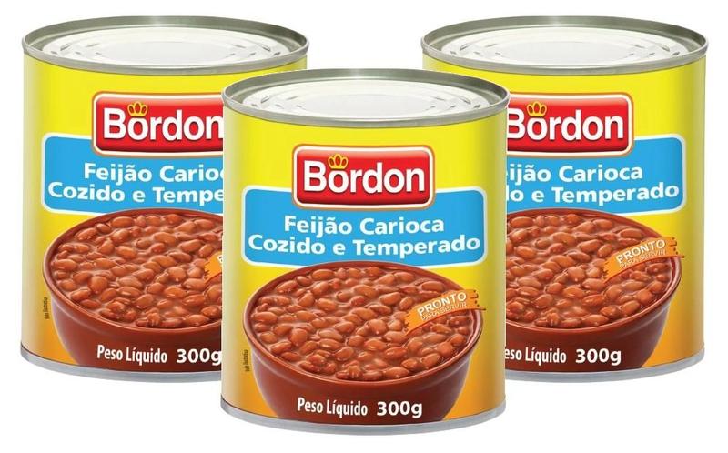 Imagem de kit 3 Feijão Carioca Cozido e Temperado Bordon Lata 300g