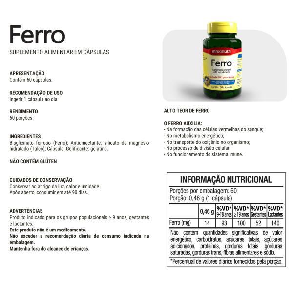 Imagem de Kit 3 Ferro 100% IDR com 60 Cápsulas Maxinutri