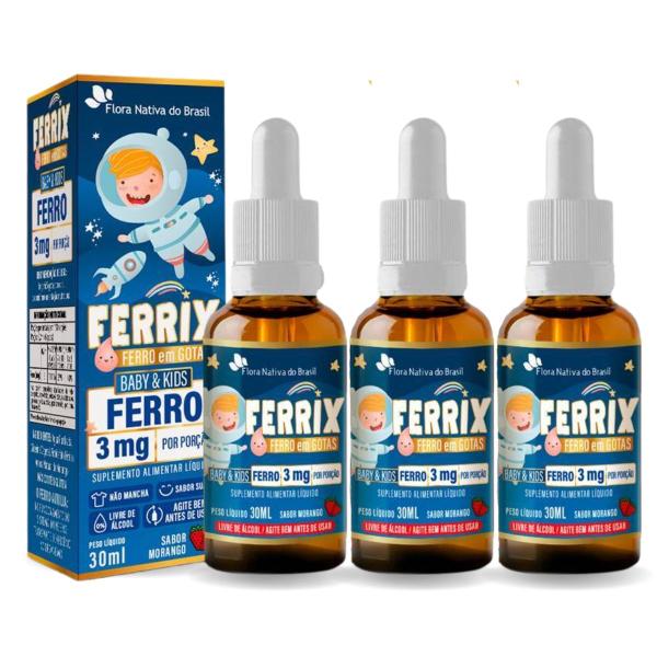 Imagem de Kit 3 Ferro Ferrix Kids Gotas Sabor Morango 30ml Flora Nativa