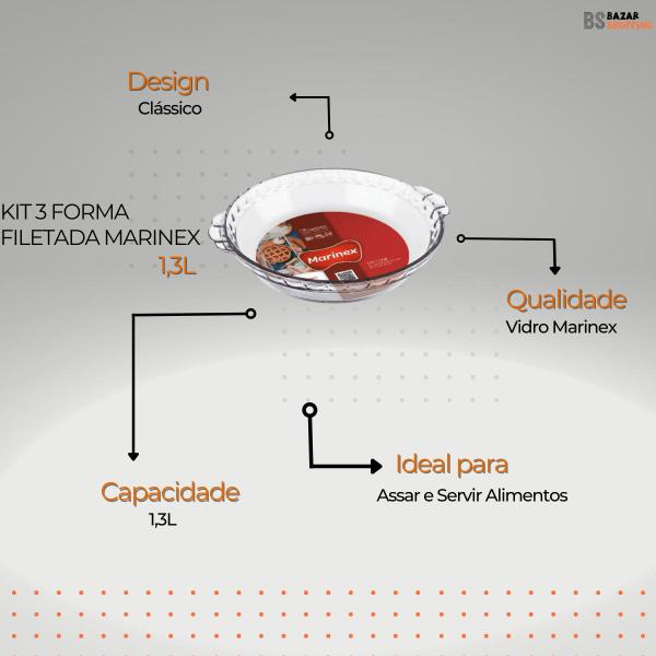 Imagem de Kit 3 Forma Filetada 1,3L Marinex Vidro Redonda Assadeira