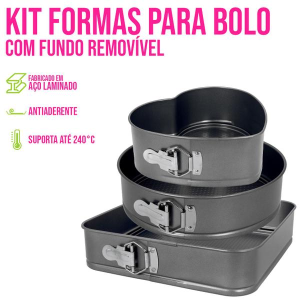 Imagem de Kit 3 Formas de Bolo Assadeiras Fundo Removível Antiaderente