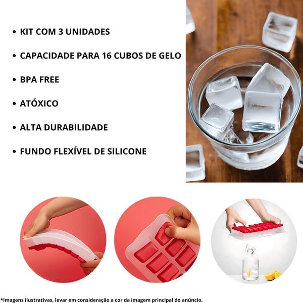 Imagem de Kit 3 Formas De Gelo Com Fundo De Silicone Flexível 16 Cubos