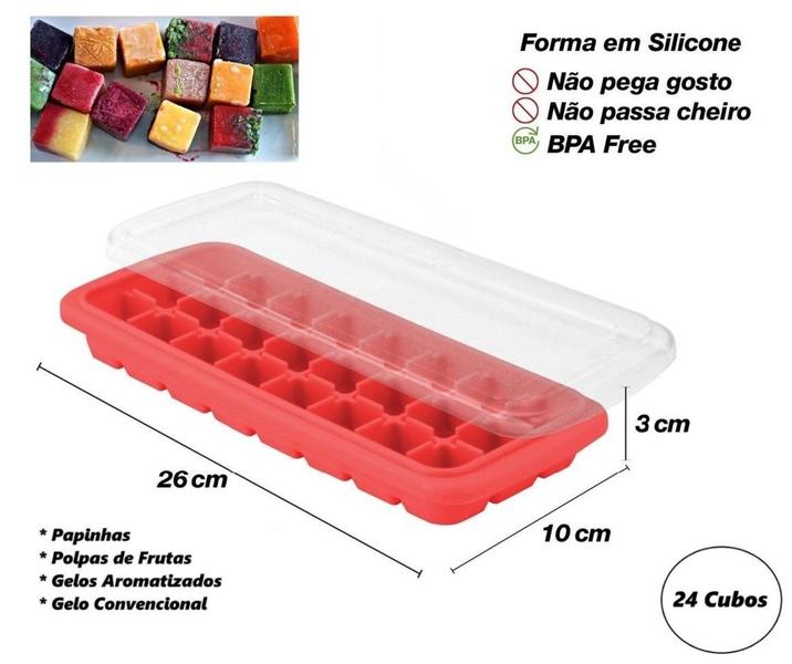 Imagem de Kit 3 Formas de Gelo De Silicone Com Tampa Não Deixa Gosto no Gelo - Organize Seu Freezer 24 Cubos