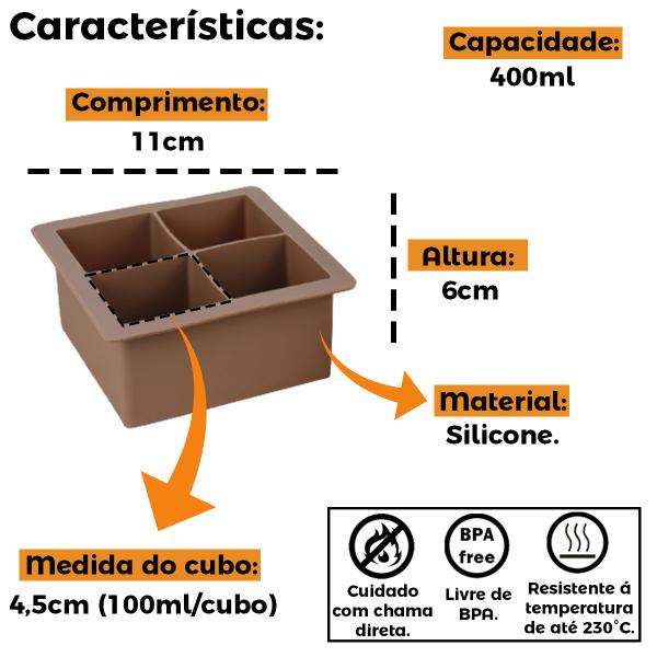 Imagem de Kit 3 Formas De Silicone Gelo Com Tampa Papinha Quadrada 4 Cubos Grandes Sem Bpa Forminhas Para Gelo Marrom