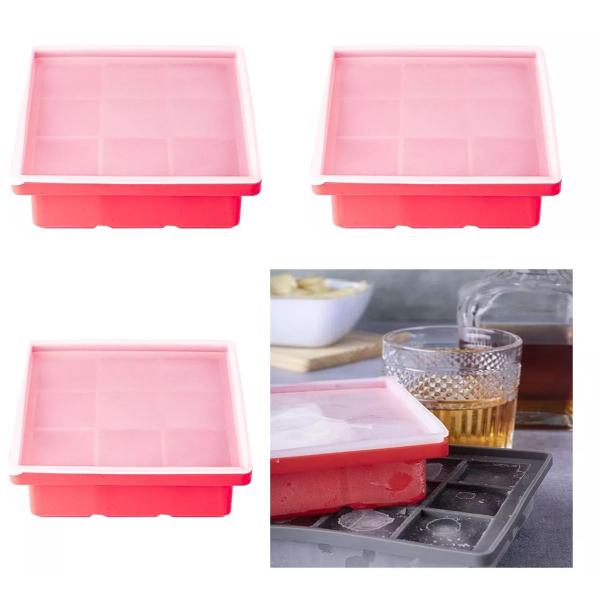 Imagem de Kit 3 Formas de Silicone Para Gelo Quadrada 9 Cubos Para Cozinha Com Tampa Utensílio de Casa