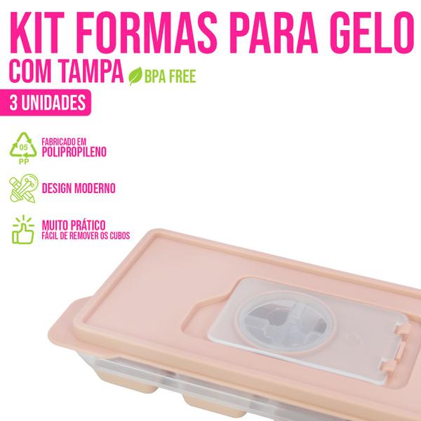 Imagem de Kit 3 Forminhas Gelo Tampa Silicone Forma 12 Cubos Flexível