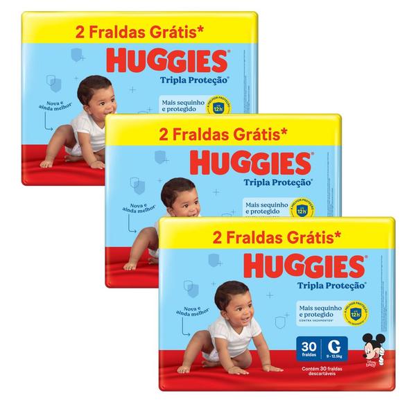 Imagem de Kit 3 Fraldas Huggies Tripla Proteção Meguinha G - 90 Tiras