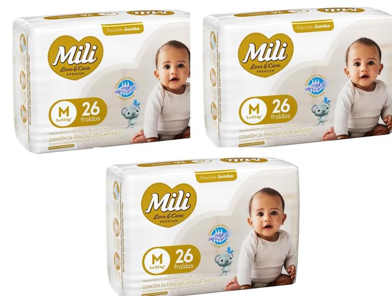 Imagem de Kit 3 Fraldas Mili Love Care Premium Jumbo M 26 un  Mili