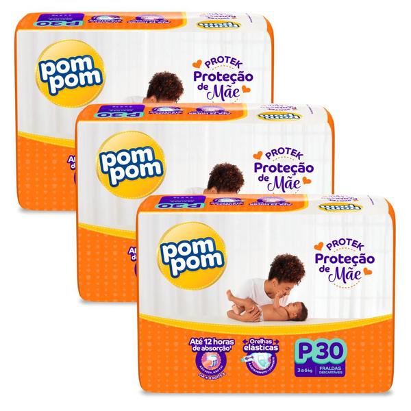 Imagem de Kit 3 Fraldas Pom Pom Protek Proteção de Mãe Jumbo P com 30un cada