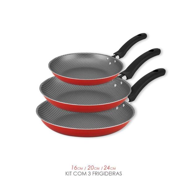 Imagem de Kit 3 Frigideiras Para Cozinha Antiaderente Vermelho Cereja