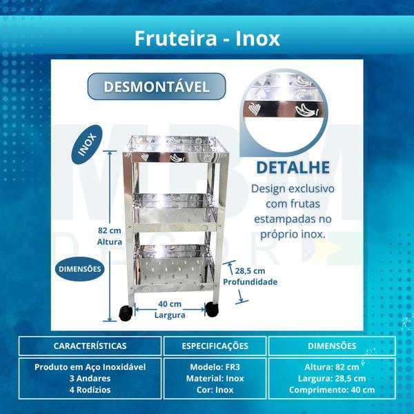 Kit 3 Fruteiras Inox 3 Andares - C/ 4 Rodinhas - Exclusiva - MBM Decor Imagem de Kit 3 Fruteiras Inox 3 Andares - C/ 4 Rodinhas - Exclusiva