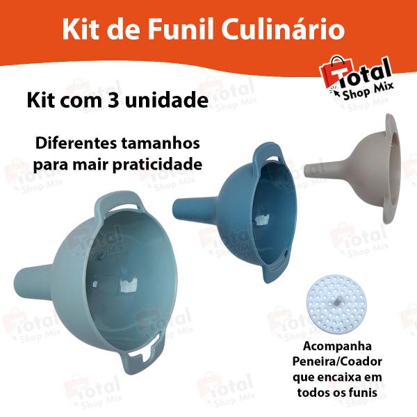 Imagem de Kit 3 Funil com Peneira Coador Pequeno Médio Grande Cozinha Plástico 4 Peças Líquidos Óleo