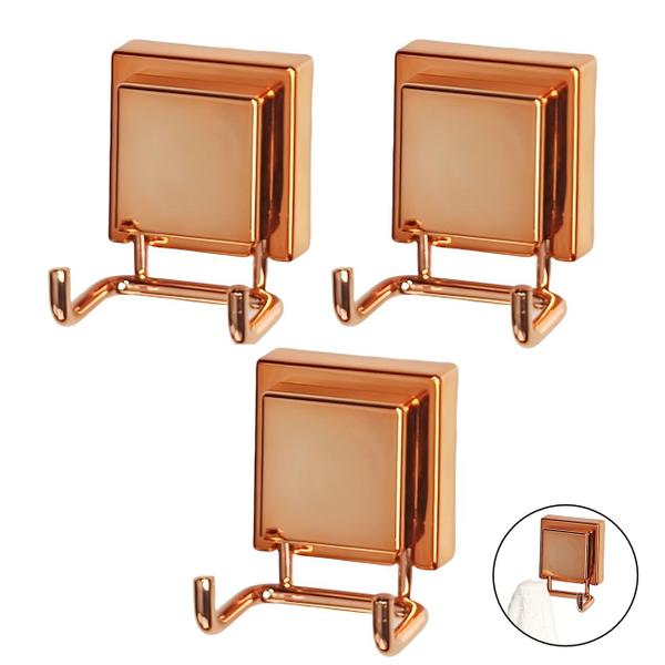 Imagem de Kit 3 Gancho Duplo Multiuso Com Ventosa Para Toalhas Objetos Utensílios Banheiro Rose Gold - Future