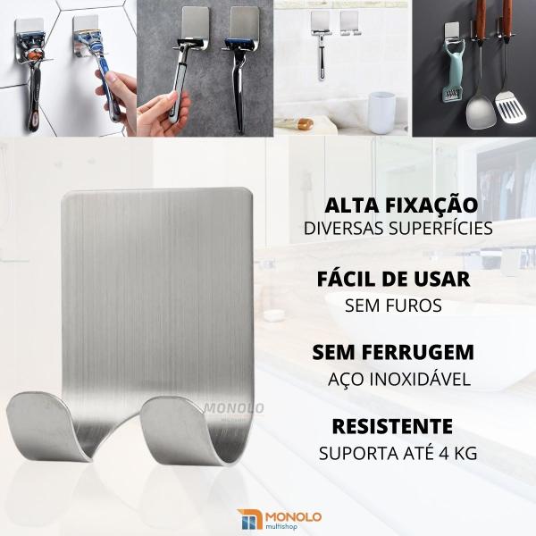 Imagem de Kit 3 Gancho Parede Suporte Cabide Adesivo Alta Aderência Metal Aço Inox Monolo