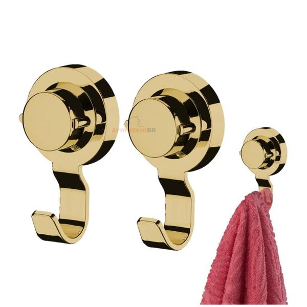 Kit 3 Ganchos Com Ventosa Toalha Banheiro Dourado - Future Imagem de Kit 3 Ganchos Com Ventosa Toalha Banheiro Dourado - Future